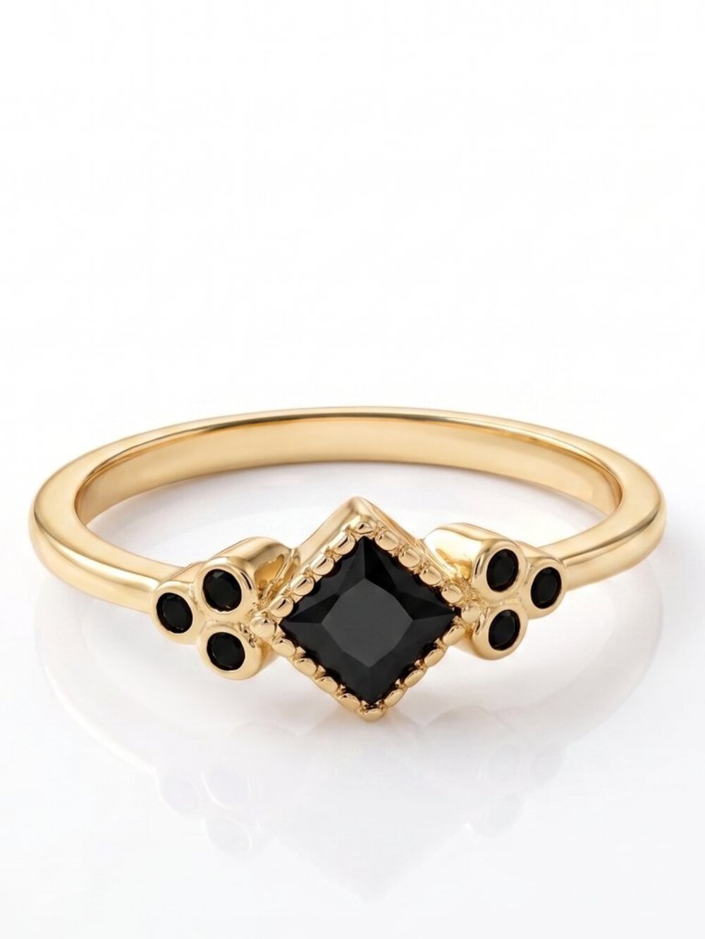 Dainty Gold Ring with Black Gemstone, 925 Sterling Silver, 10k Gold Finish